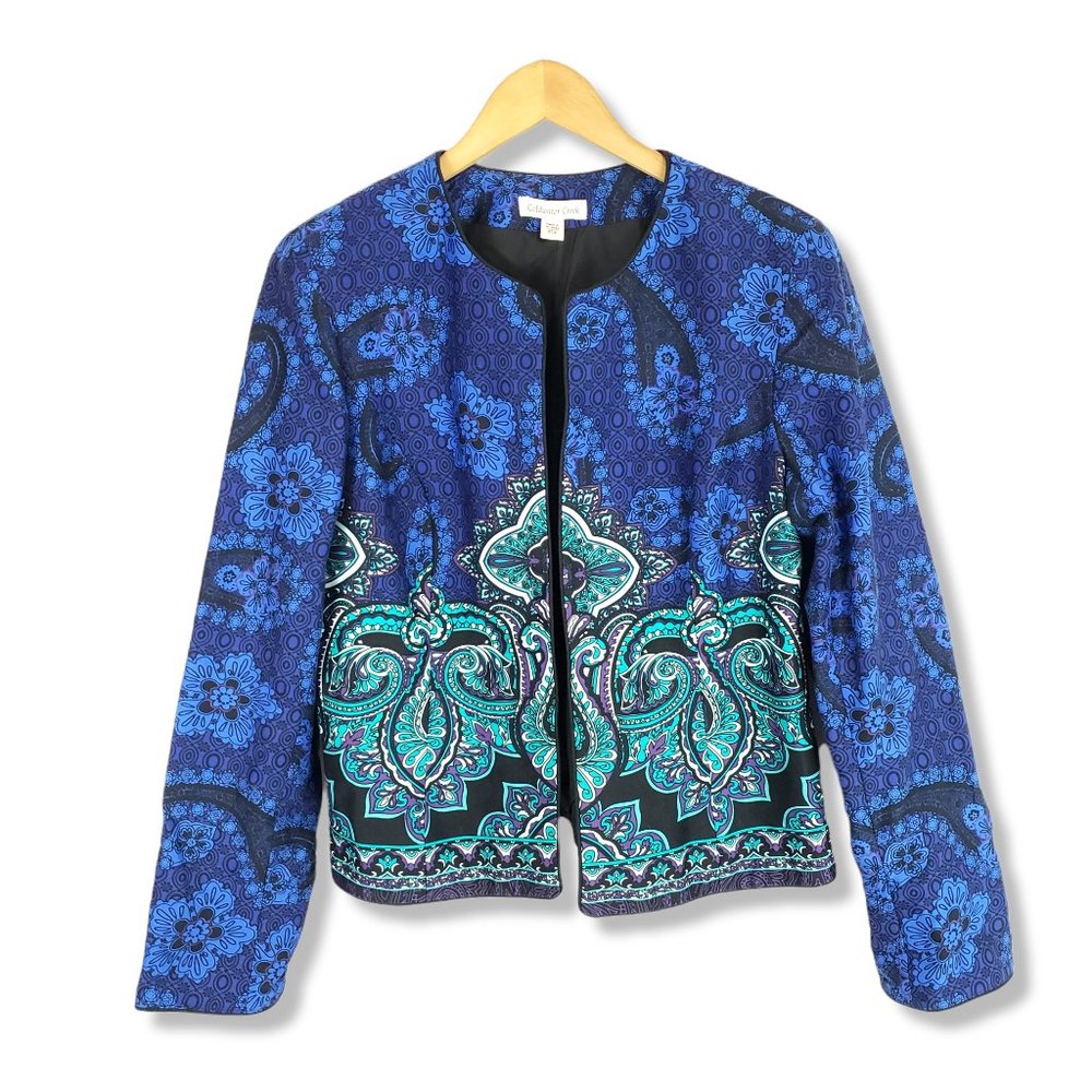 Coldwater Creek Blue Boho Psychedelic Print Open Blazer Jacket Size 14P
